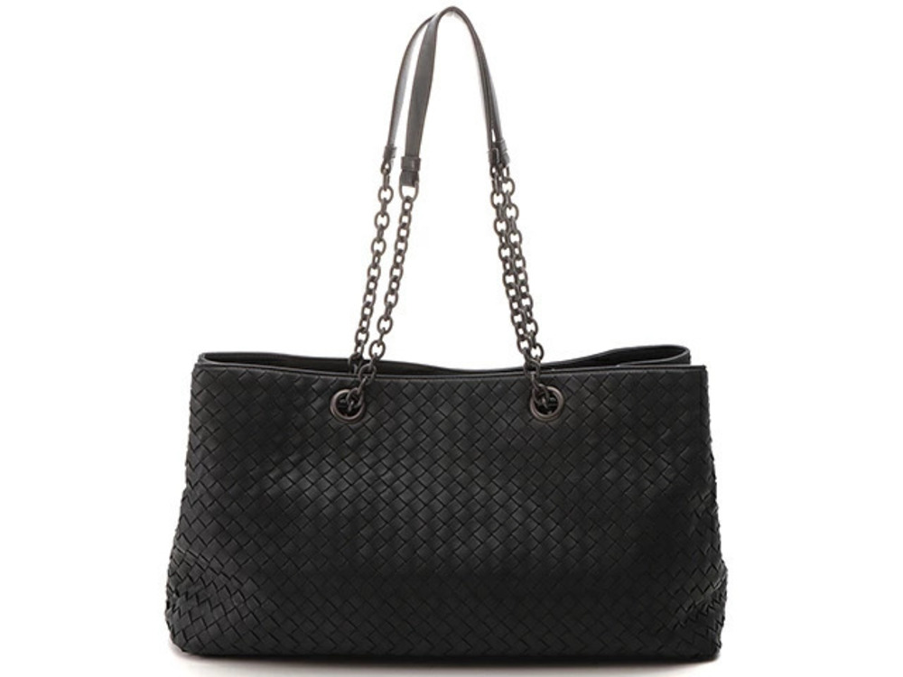 BOTTEGA VENETA Intrecciato Chain Shoulder Tote Bag Black Leather